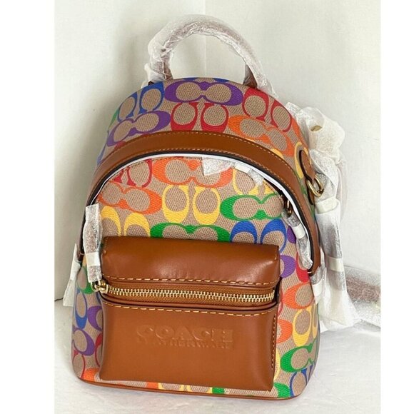 Coach Charter Backpack 18 Small Rainbow Signature Canvas Brown Leather Unisex - Picture 2 of 11